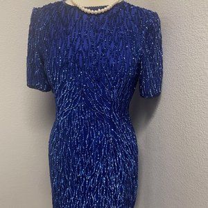 Stenay  100% Silk Royal Blue Full Sequin Hourglass Dress Beaded Vintage p6